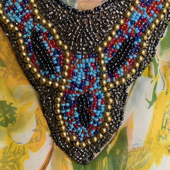 ULA Beaded Tunic Top Floral Print Yellow Green Cover Up Medium - Picture 4 of 5